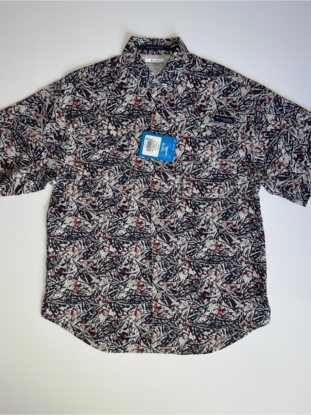 NWT Columbia PFG Men’s Short Sleeve Abstract Marlin Button-Up Shirt - Navy/Red